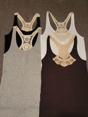Crochet-Back Racerback Tank Tops - Black, White, Gray, Brown Sz S